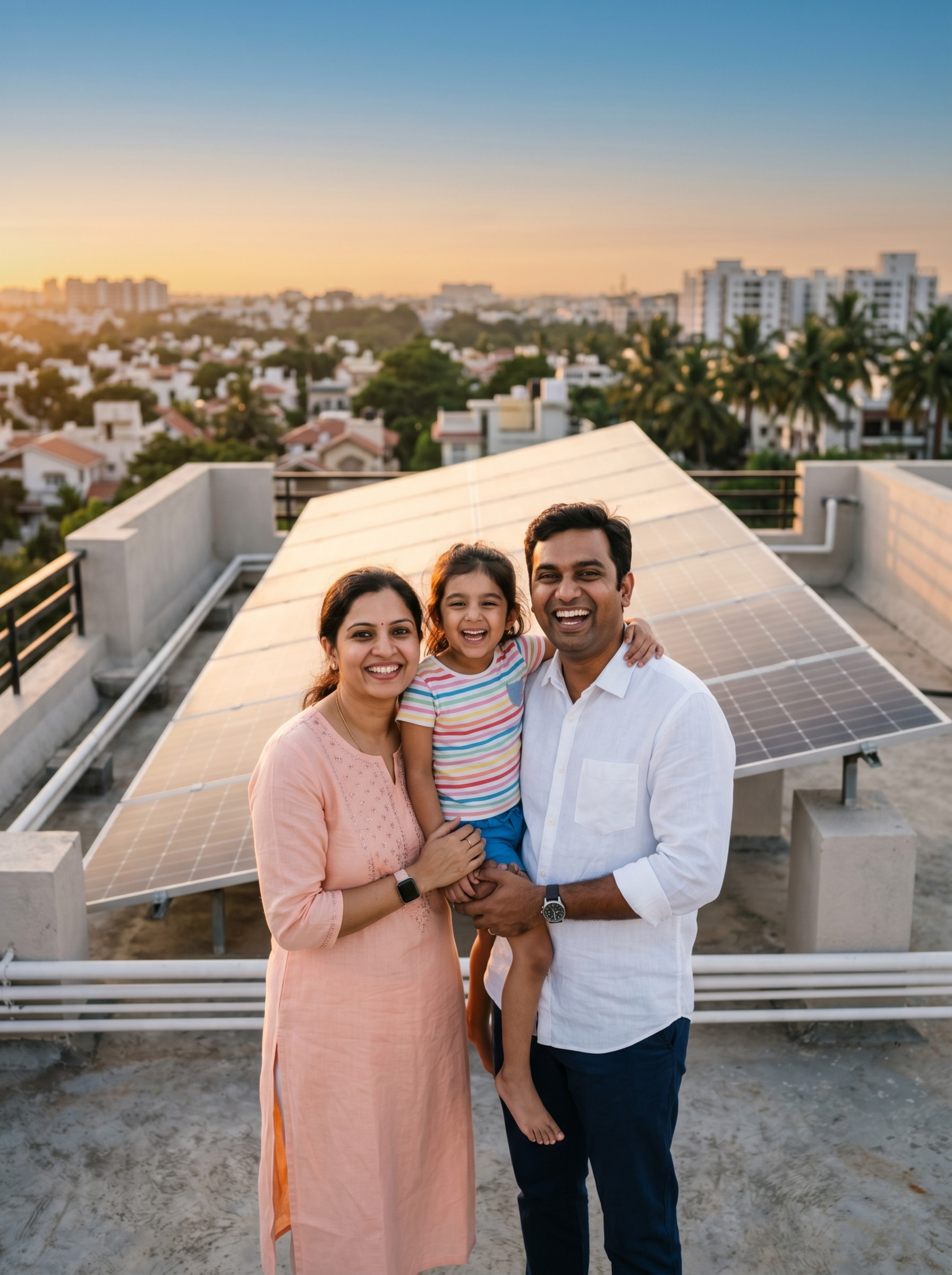 Indian family on a rooftop with solar panels at golden hour